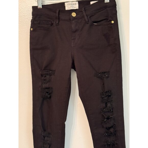 FRAME Le Skinny de Jeanne Black Distressed Skinny Jeans 26 Mid Rise 30” Inseam - Picture 4 of 10